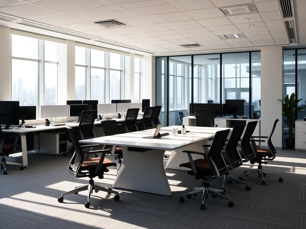 Corporate office workstations, ergonomic chairs and conference table